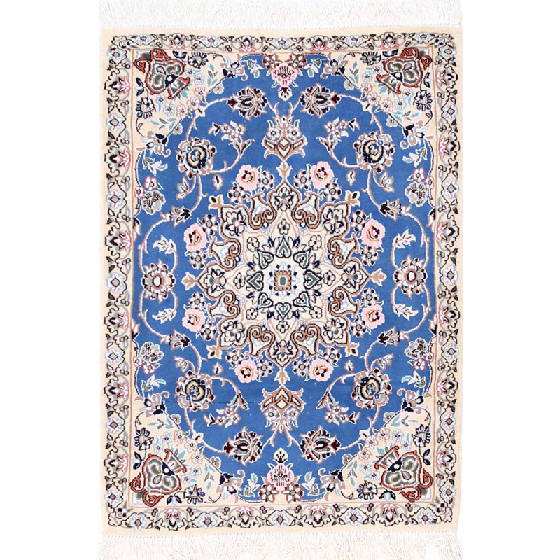 Blue Fine Hand Knotted Persian Silk & wool Nain 2'3"X 3'3"
