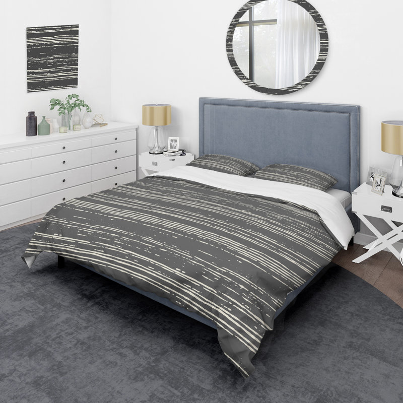 Grey Striped Pattern Striped Duvet Cover, Full/Queen Duvet Cover + 2 Standard Shams