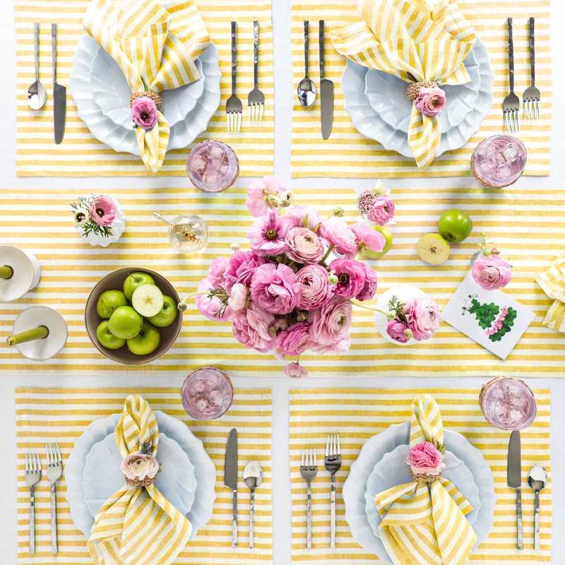 Amalfi Stripe - 100% Pure Linen Table Runner, Primrose Yellow/White, 120" x 18"