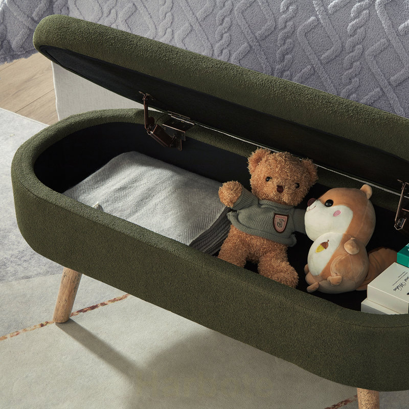 Banc ottoman de rangement ovale de luxe en tissu bouclé avec pattes en bois, capacité de charge de 159 kg et charnière de sécurité, pour salon, chambre ou entrée.