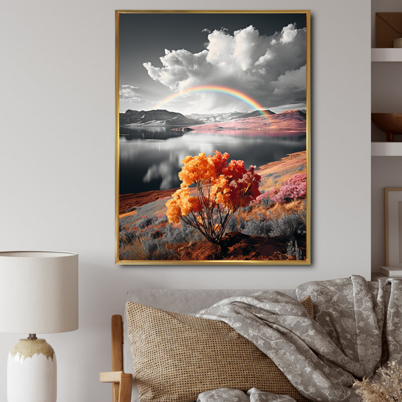 Paysage arc-en-ciel à contraste chromatique - impression, H 32 po x l 16 po x P 1 po, Cadre flottant doré
