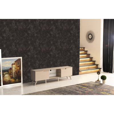Meuble télé 66 po, beige Mid-Century moderne avec 2 armoires à portes et 1 tablette en verre, support en bois massif