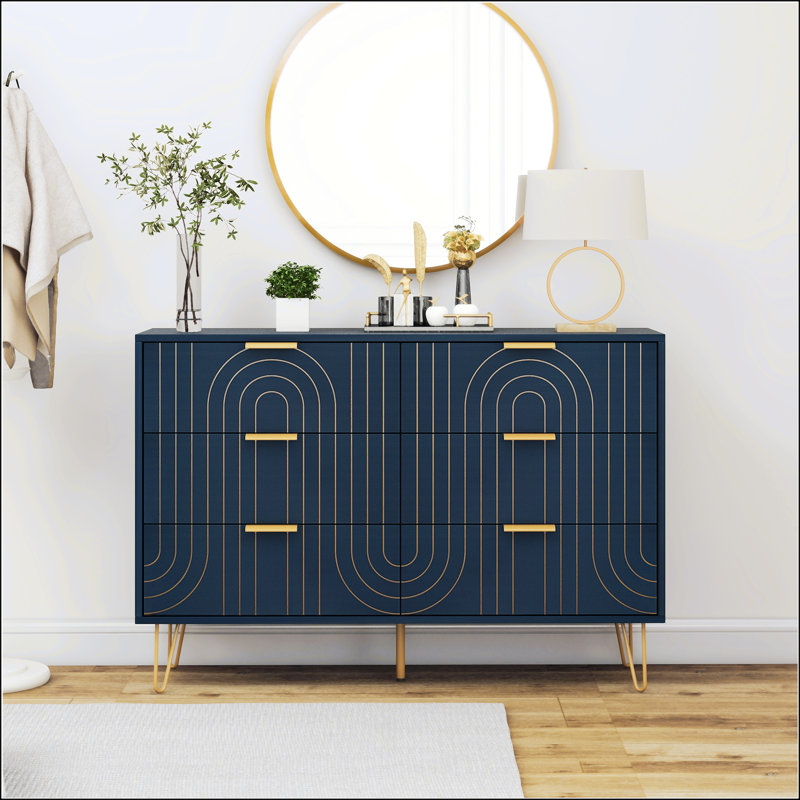 Modern Six Drawer Dresser, Dark Blue