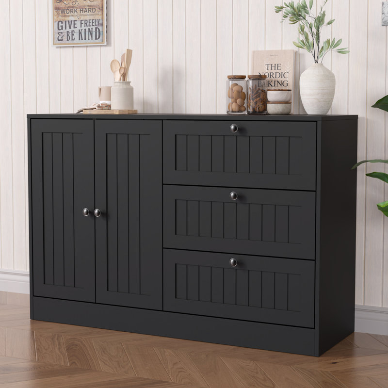 Sideboard Buffet Cabinet With Storage, 47" Large Farmhouse Kitchen Cabinet With 3 Drawers And Doors, Modern Accent Coffee Bar Wood Table For Living Room Dining Room, Black