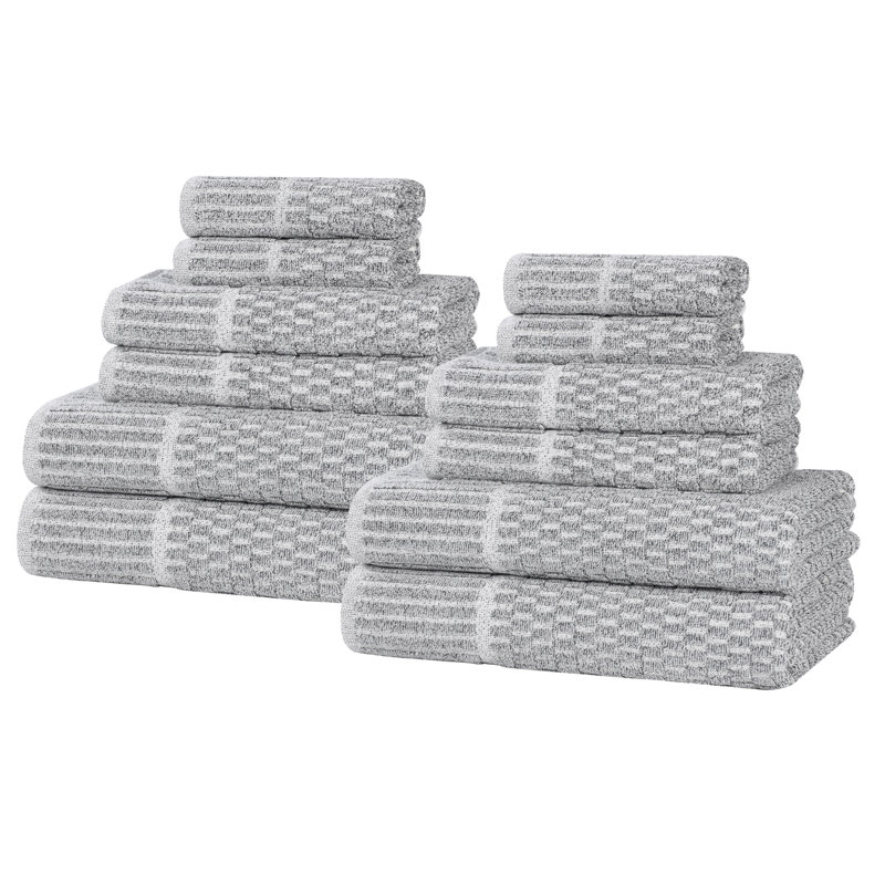 Ensemble de serviettes à bordure à carreaux en mélange de coton et viscose Juno, Ensemble de 12 serviettes, Gris anthracite