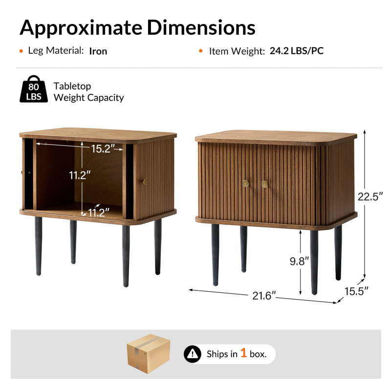 Vetter Modern 21.6" W Modern Slattd Tambour Door End Table, Walnut