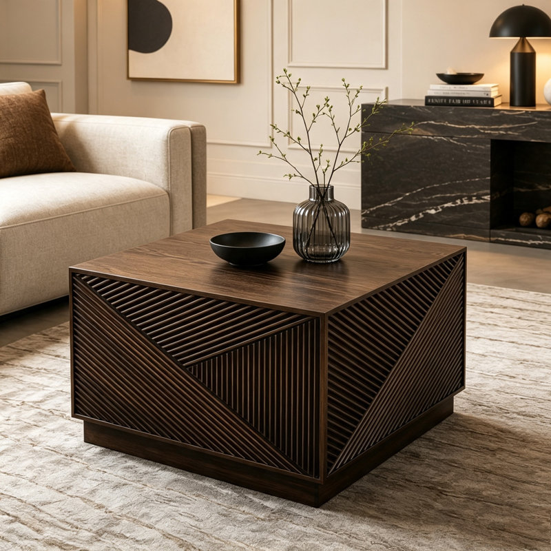 Table basse carrée, H 15,35 po x l 27,56 po x P 27,56 po, Noyer