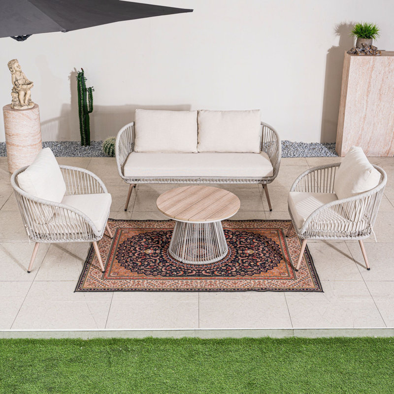 5-piece Modern Outdoor Conversation Set: Sofa + 2 Armchairs + Coffee Table, Pe Rattan & Polywood
