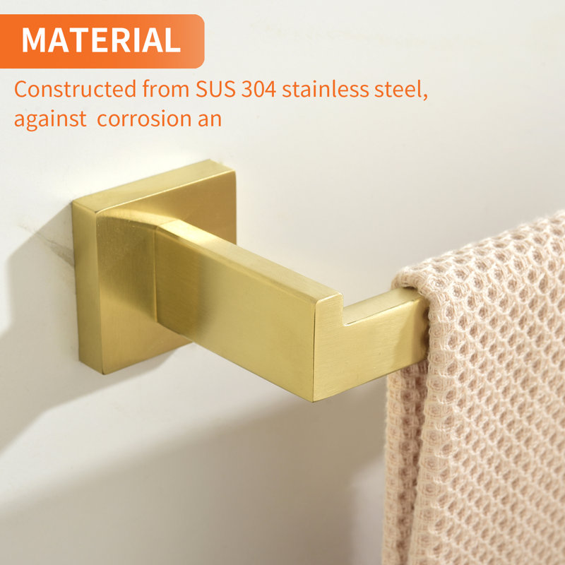 Bathroom Hardware 5-Piece Bath Hardware Set With Towel Bar, Robe Hook, Toilet Paper Holder, Brushed Gold