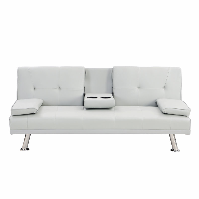 Sofa Bed With Armrest Two Holders WOOD FRAME, Brown Faux Leather