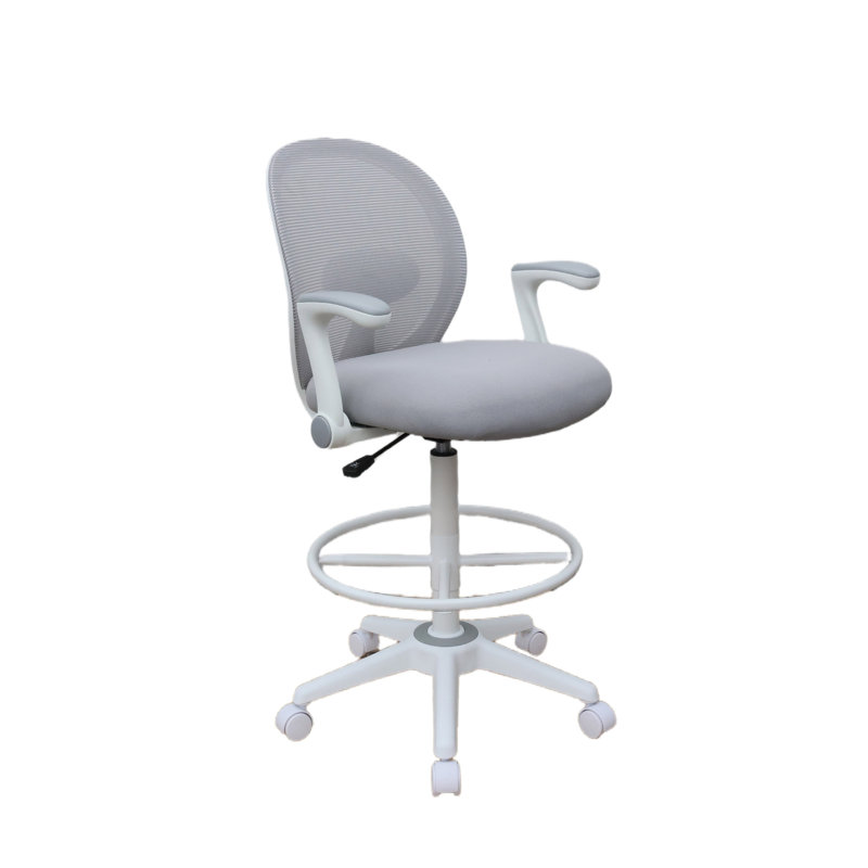 Swivel Office Stool, Flip-Up Arms And White Footring, Gray Mesh Back