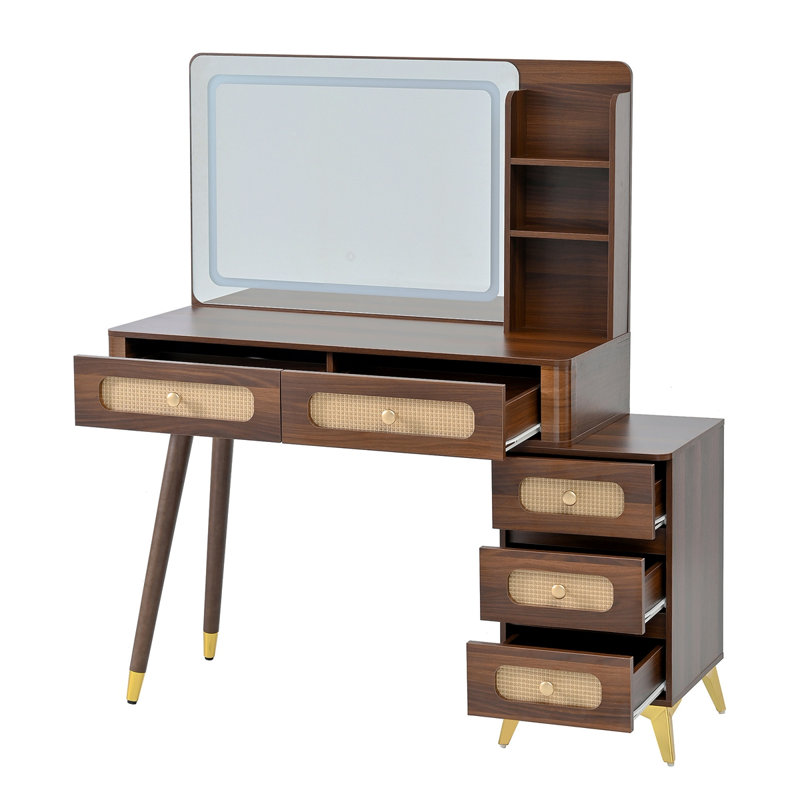 47''Vintage Makeup Vanity With Mirror And Lights, Makeup Vanity Desk With 5 Drawers And Storage Shelf, Rattan Drawer Design, 3 Color Modes And Adjustable Brightness Dressing Table,Dark Walnut