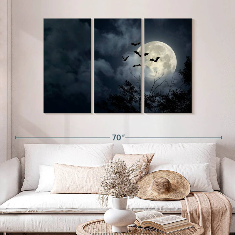 Brampt, chauves-souris volantes et pleine lune, H 32 po x l 50 po