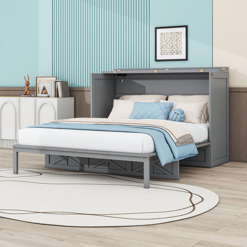 Lit escamotable double en bois avec station de charge intégrée et tiroir de rangement, Gray
