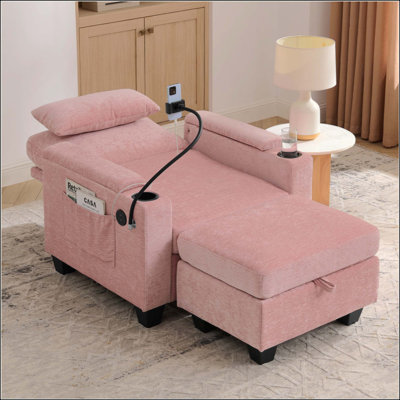 Single Sofa Recliner With Manually Adjustable Backrest, USB Charging Port On The Armrest Side, Phone Stand Included, Hidden Armrest Storage, And A Matching Storage Ottoman