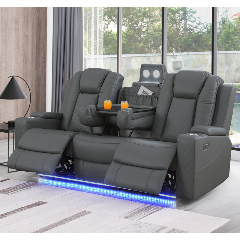 Tiertza Leather 82" Wide Power Reclining Sofa W/ Wireless Charger & Tray Table, Gray