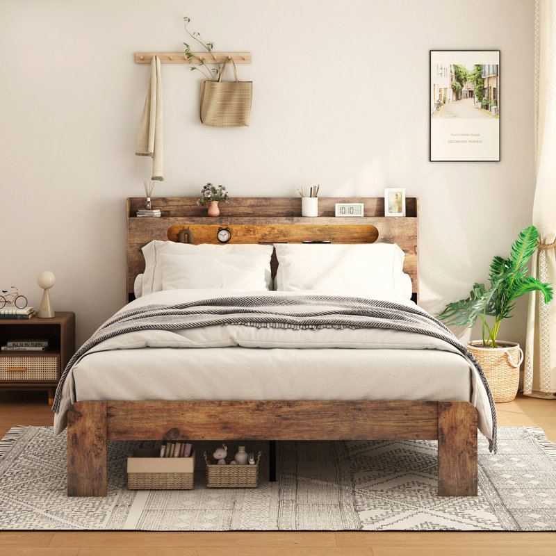 Bed Frame, Wood Platform Bed Frame With Storage LED Light Headboard And 2 USB , Noise Free,No Box Spring Needed And Easy Assembly Tool,Large Under Bed Storage