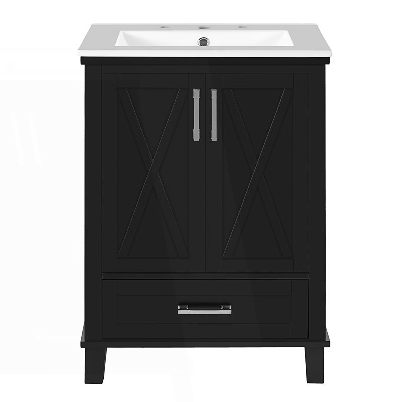Meuble-lavabo de salle de bain avec lavabo simple, 2 portes à fermeture douce, 1 tiroir divisé, Noir