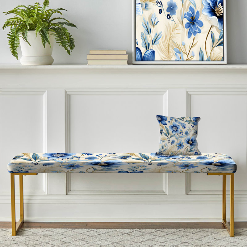 Floral Upholstered Gold Bench, Boho White Blue Hibiscus Flowers II