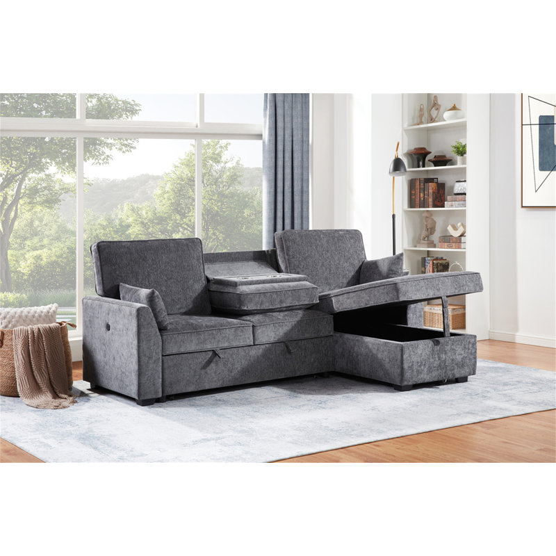 Emilia 89"W Dark Gray Fabric Sleeper Sectional Sofa With Reversible Storage Chaise
