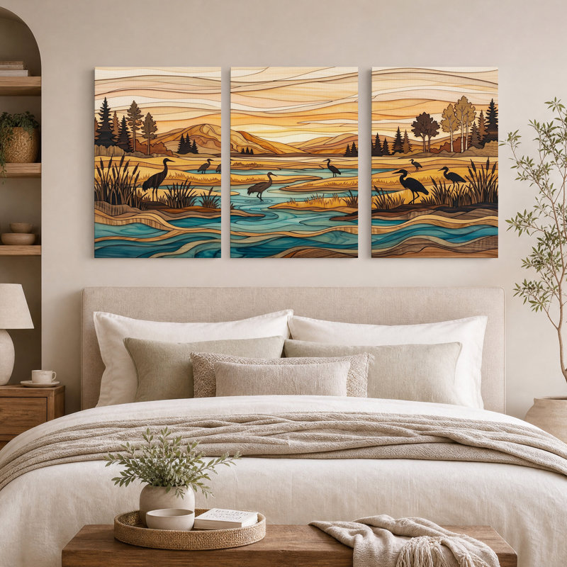 Ensemble de 3 toiles murales représentant des hérons dans un paysage fluvial, avec une texture de bois