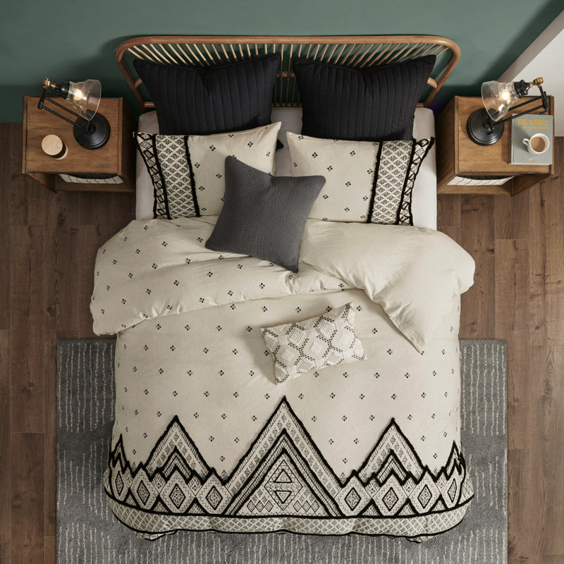 Housse de couette pour lit double / grand en lin et lin avec détails décoratifs imprimés
