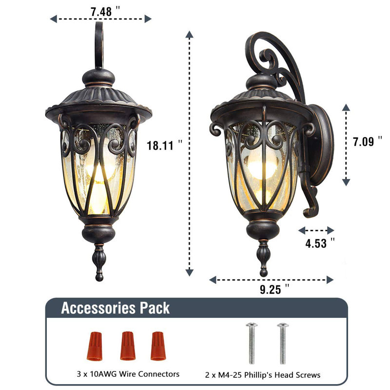 18 Inch Outdoor Porch Light With Wall Mount, Antique Bronze Wall Lantern For Garage, Vintage Wall Sconce With Clear Seeded Glass Shade, Light Outside For House