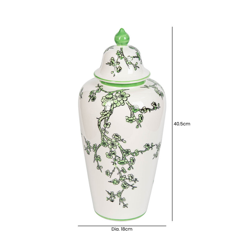 Ceramic Ginger Jar for Living Room Furniture ,White & Green Decorative Ginger Vase Home Decor, 40.5cm H x 18cm W x 18cm D