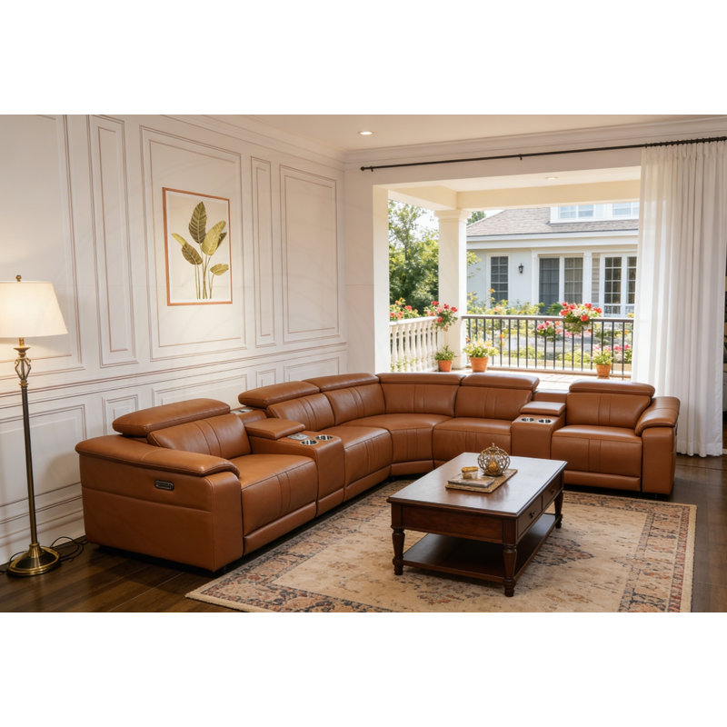 Canapé modulaire inclinable électrique avec haut-parleurs Bluetooth, Brun, Cuir technique brun