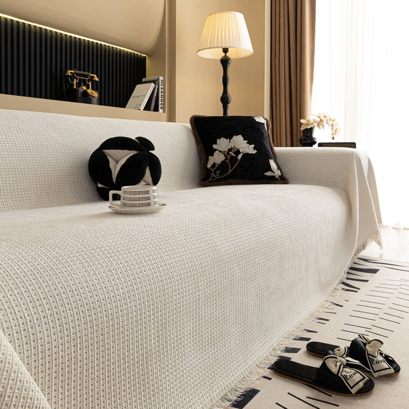 Housse de canapé une pièce en chenille gaufrée et polyvalente, H 71 po x l 118 po x P 0,1 po, Chenille beige
