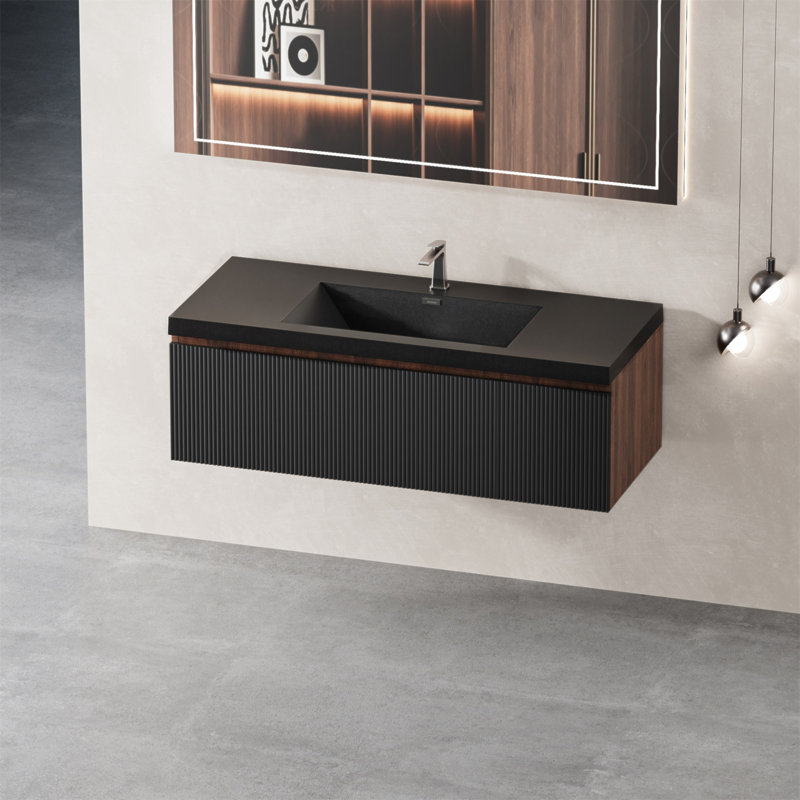 Meuble-lavabo flottant 48 po avec lavabo, armoire de rangement murale moderne avec tiroirs à fermeture en douceur et cuve en quartz noir