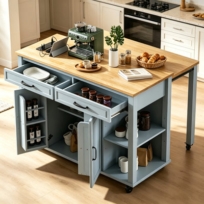 Îlot de cuisine de 47 po avec table de salle à manger extensible, table de cuisine en placage de bois d'hévéa avec support de rangement interne, prise de courant, îlot de cuisine avec rangement 2 tiroirs et 2 armoires