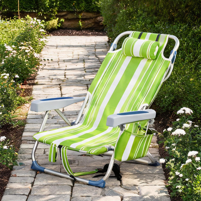 Chaise de plage à rayures vertes avec inclinaison en cinq positions, structure en aluminium et tissu en polyester 600D, capacité de charge de 100 kg