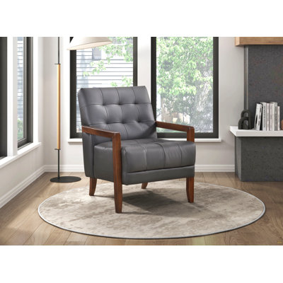Chaise d'appoint de style moderne en cuir gris rembourré capitonné avec finition noyer, meubles en bois 1pc