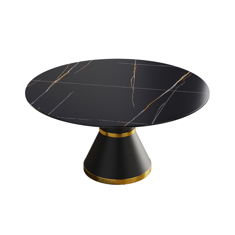 Table de salle à manger moderne 59,05 "en pierre artificielle ronde en acier au carbone noir pouvant accueillir 6 personnes