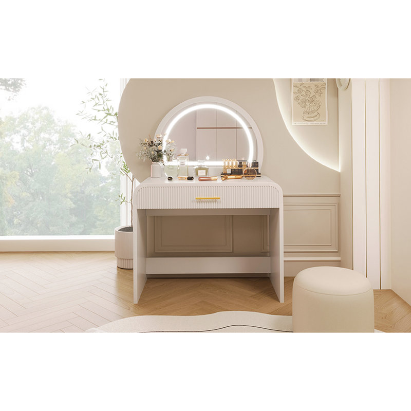 Bedroom 39" Makeup Vanity With Lighted Mirror & Drawer, White. Curved Corners . Sufficient Storage For Beauty Essentials. And Comfortable. Easy To Assemble