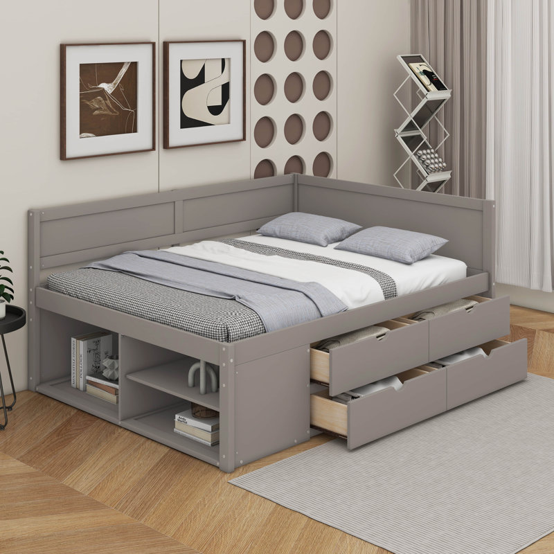 Daybed With Drawers And Shelves, Gray, Twin
