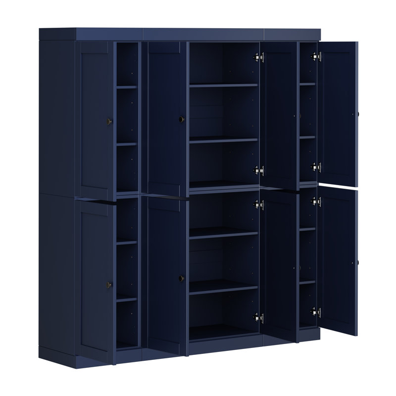 100% Solid Wood 65" Pantry Cabinet with Shaker Doors and Adjustable Shelves, Navy
