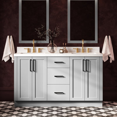   Kayleigh 60 Inch Double Rectangle Sink Bathroom Vanity with Carrara White Quartz Countertop 1.5 Inch in Grey