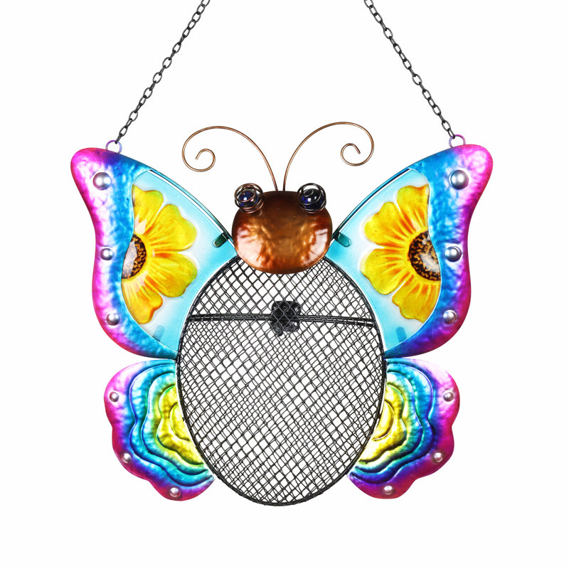 Colorful Hand-Painted Metal Butterfly Hanging Bird Feeder