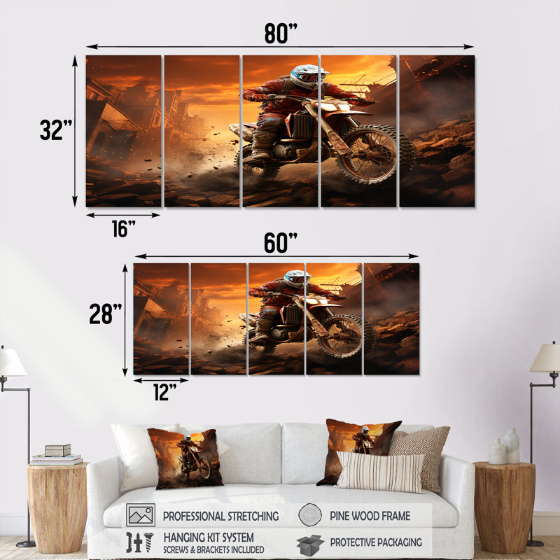 Ensemble d'art mural orange et noir Dirt Bike Rider III - Moto, H 32 po x l 80 po