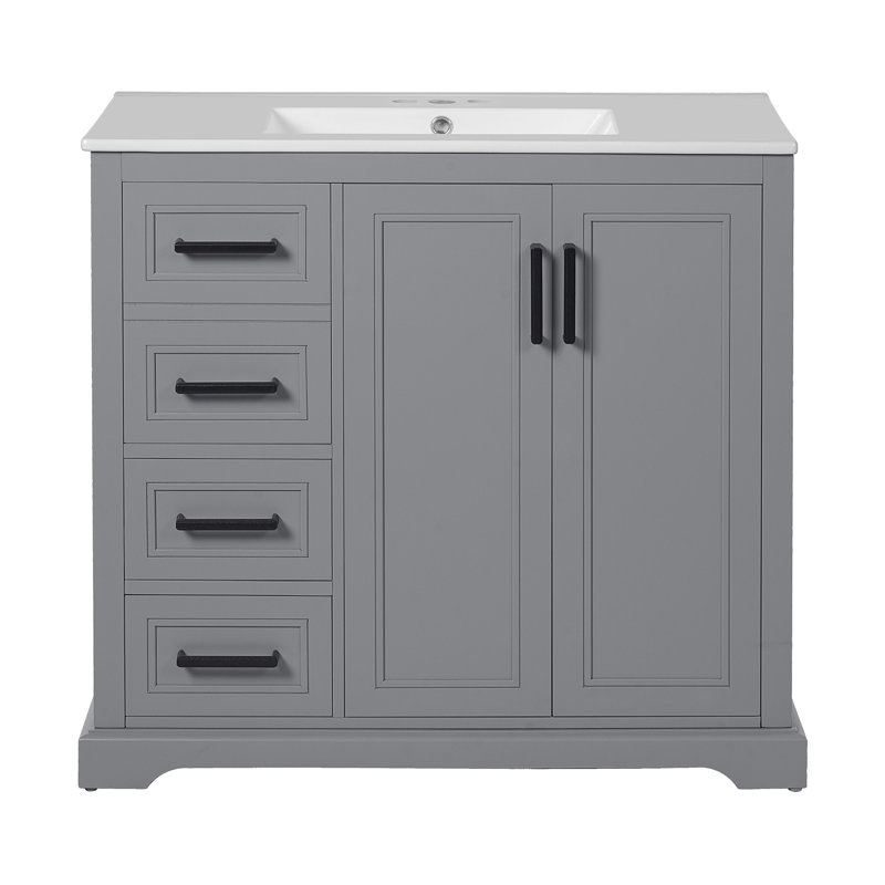 Meuble-lavabo moderne de 36 po avec lavabo en céramique, porte à fermeture en douceur, tablette réglable et 3 tiroirs., Gris
