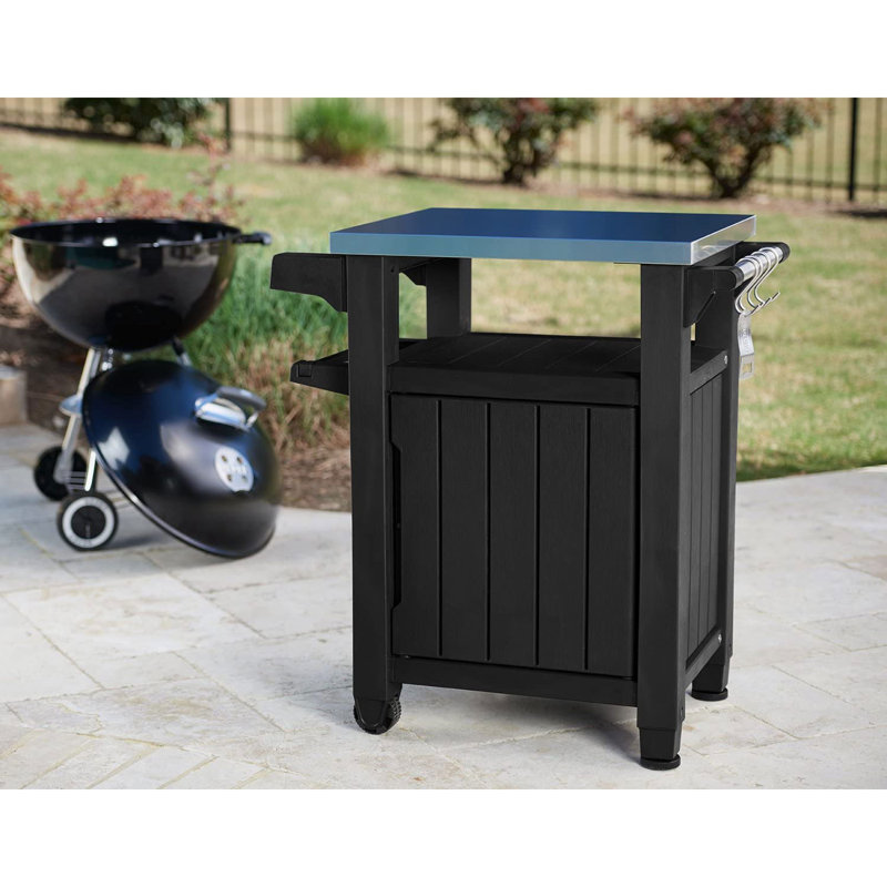 Keter Unity 40 Gal Patio Storage Grilling Bar Cart w/ Stainless Steel Top, Gray