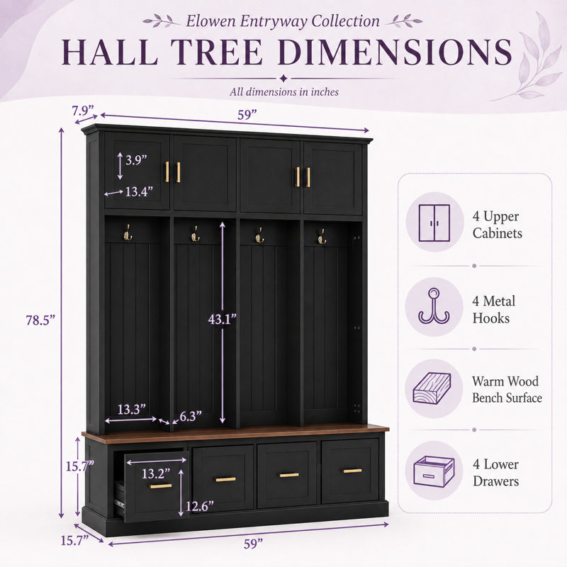 Arbre d'entrée de style campagnard de 59 po de large avec banc, 4 crochets à manteau, 4 armoires supérieures et 4 tiroirs de rangement Lisson