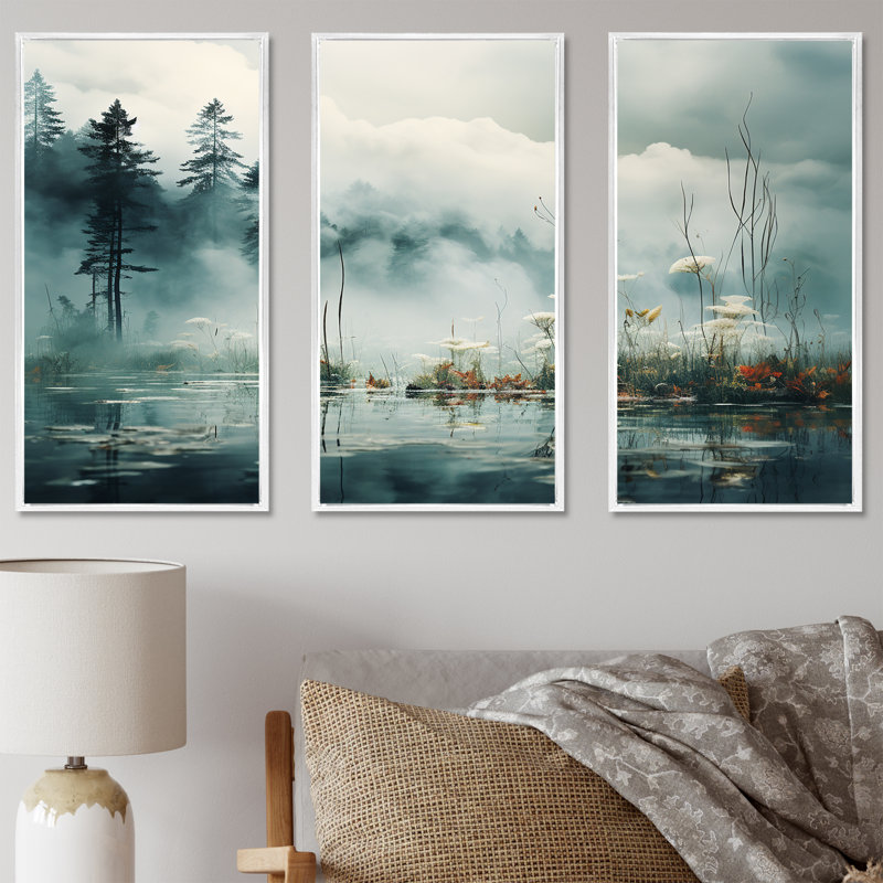 «Double Exposure Mountain Fog Paradise III - River», ensemble d'art sur toile, Cadre flottant blanc