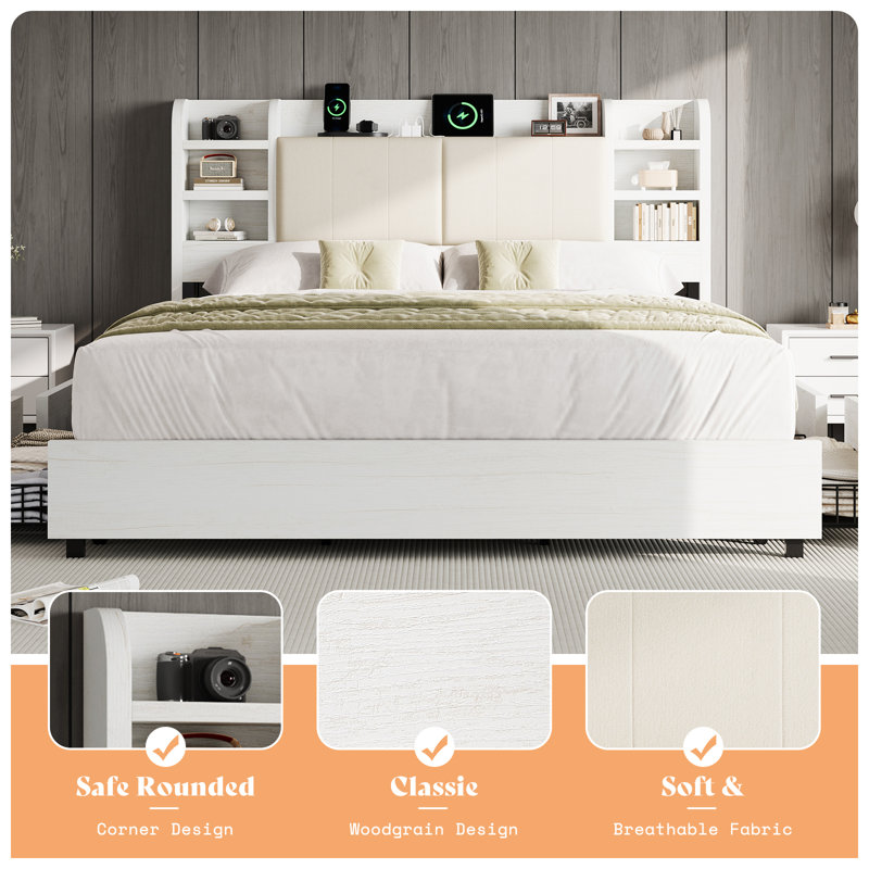 Billericay Upholstered Bed Frame With 4 Storage Drawers, Wooden Bed Frame With 47.2" Bookcase Headboard, Platform Bed With Charging Station/no Box Spring Needed,King