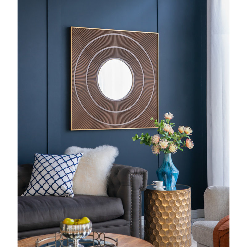 Miroir carré en fer doré avec ornement plissé, pour la décoration du vestibule du salon, 40,48 po x 40,5 po, Brun