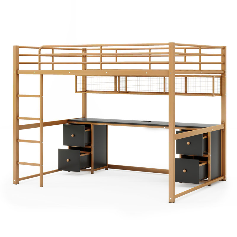 Full Size Metal Loft Bed with Desk, Cabinets, Drawers and Bedside Tray, Charging Station, USB and socket, Gold