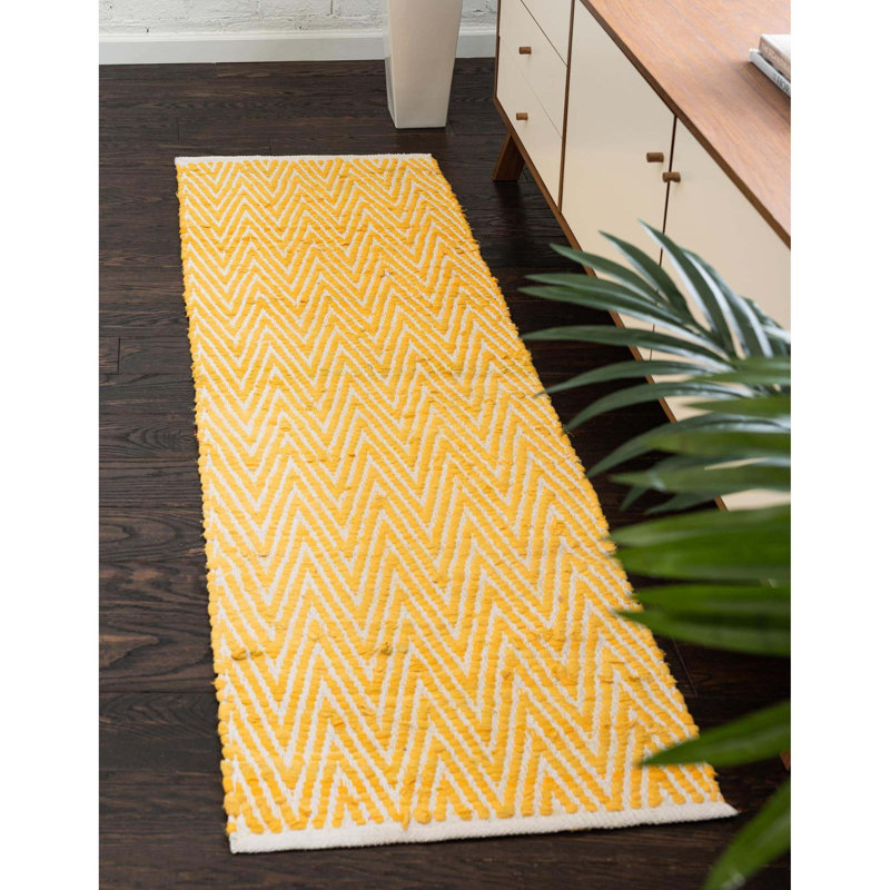 Tapis jaune / ivoire en coton tissé à plat à la main Skilah, Tapis de couloir 2 pi 2 po x 6 pi 1 po
