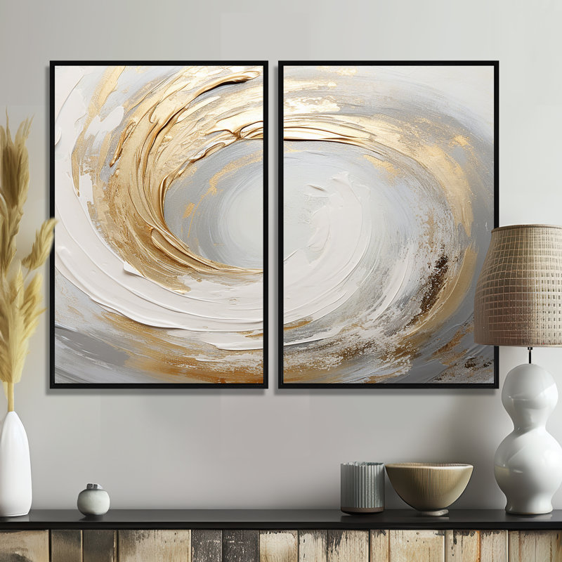 Vortex doré et or doux blanc III - grandes spirales abstraites, art mural, 36" H x 48" W, Impression encadrée flottante